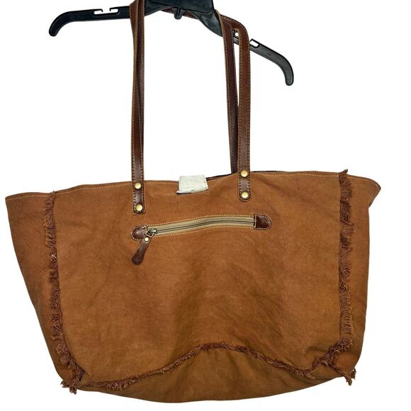 Myra Leather Cotton Boho Western Rodeo Berry Cowhide Weekender Zipper Tote Bag - Picture 2 of 15